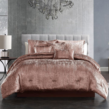 Turin Crinkle Velvet Comforter Bedding Set, Queen Size, Glam Textured Décor, Blush, 7 Pieces