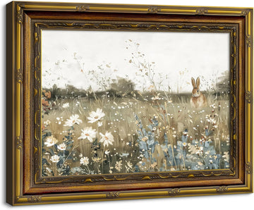 Vintage Bunny Wall Art Gold Framed Wildflower Wall Decor Rabbit in Meadow Posters Pictures Rustic Country Landscape