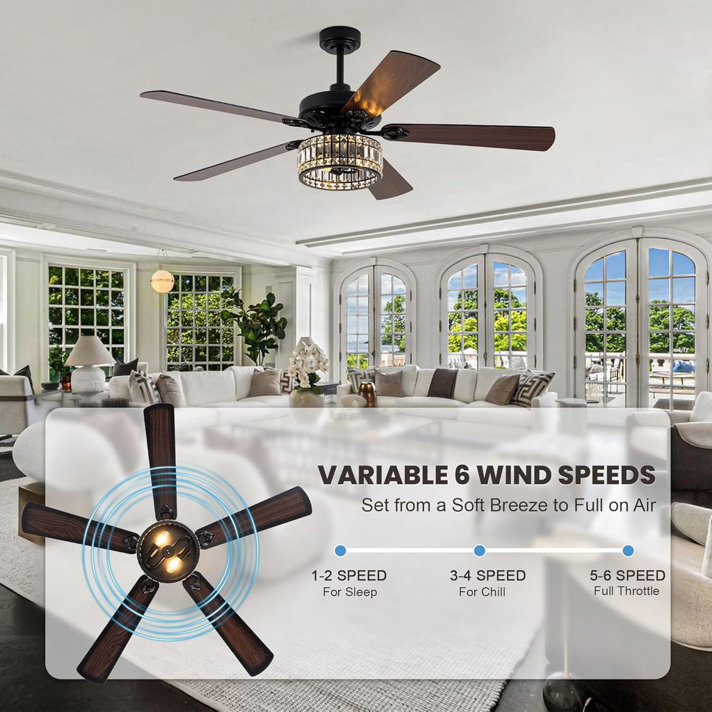 60 Inch Crystal Chandelier Ceiling Fans with Lights Black Large Modern Ceiling Fans Quiet and Reversible DC Motor 6