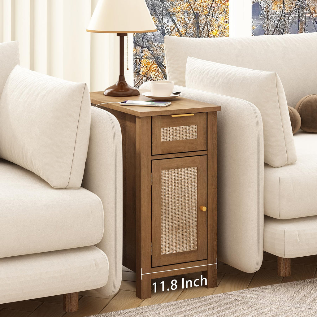 Narrow with Charging Station - Midcentury Rattan Slim Side Table with USB Ports and Power Outlets, Nightstand with