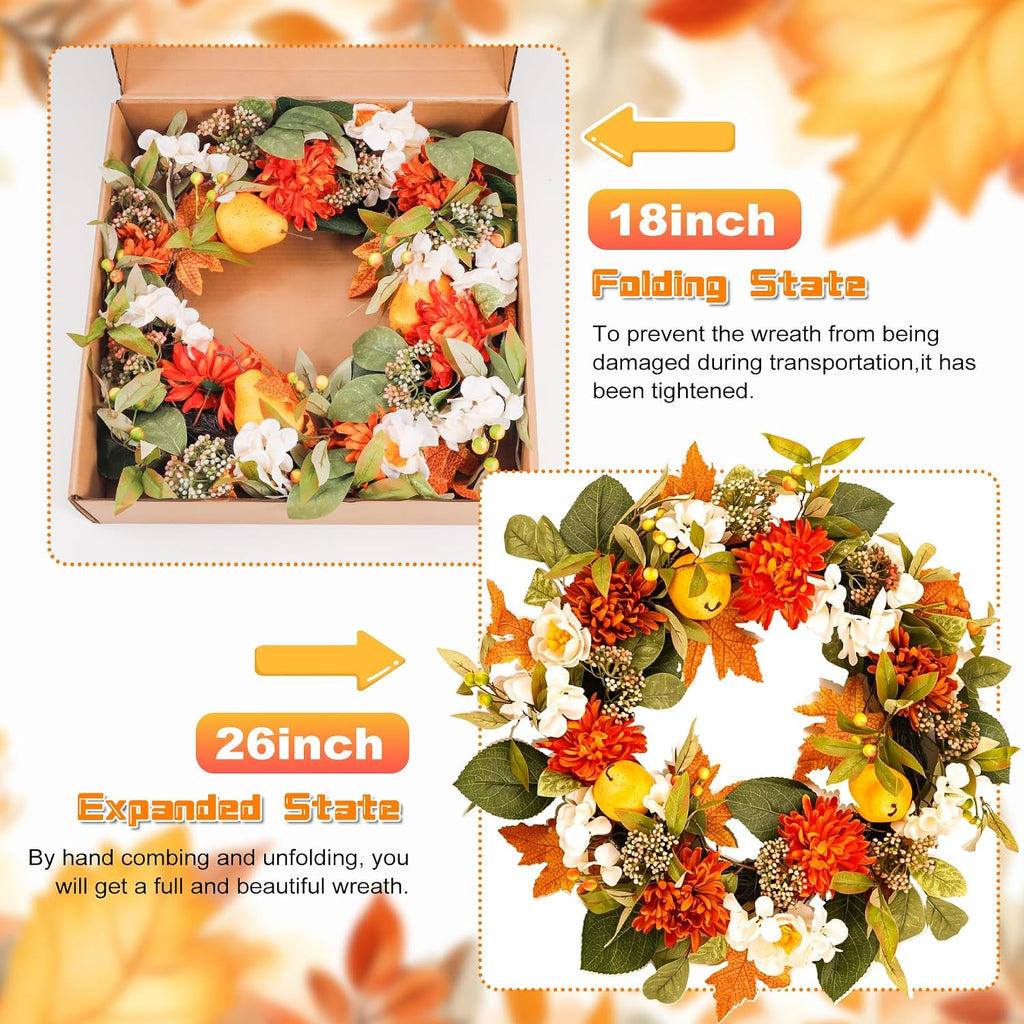 26" Fall Wreath for Front Door, Artificial Large Harvest Fall Wreath | with Pear, Orange Maple Leaf, Dahlia and White