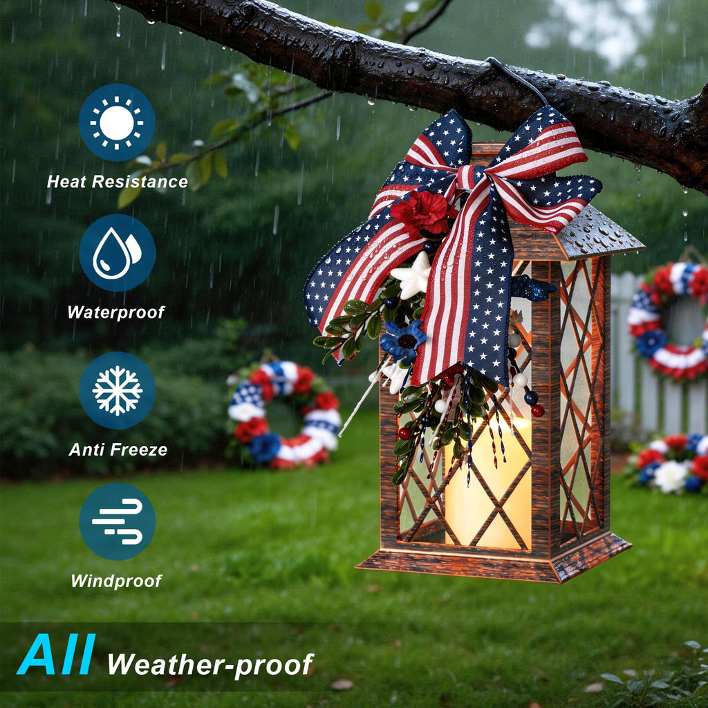 4th of July Solar Lanterns Outdoor Waterproof, Patriotic Hanging Lantern with Flickering LED Candle, 13" Independence