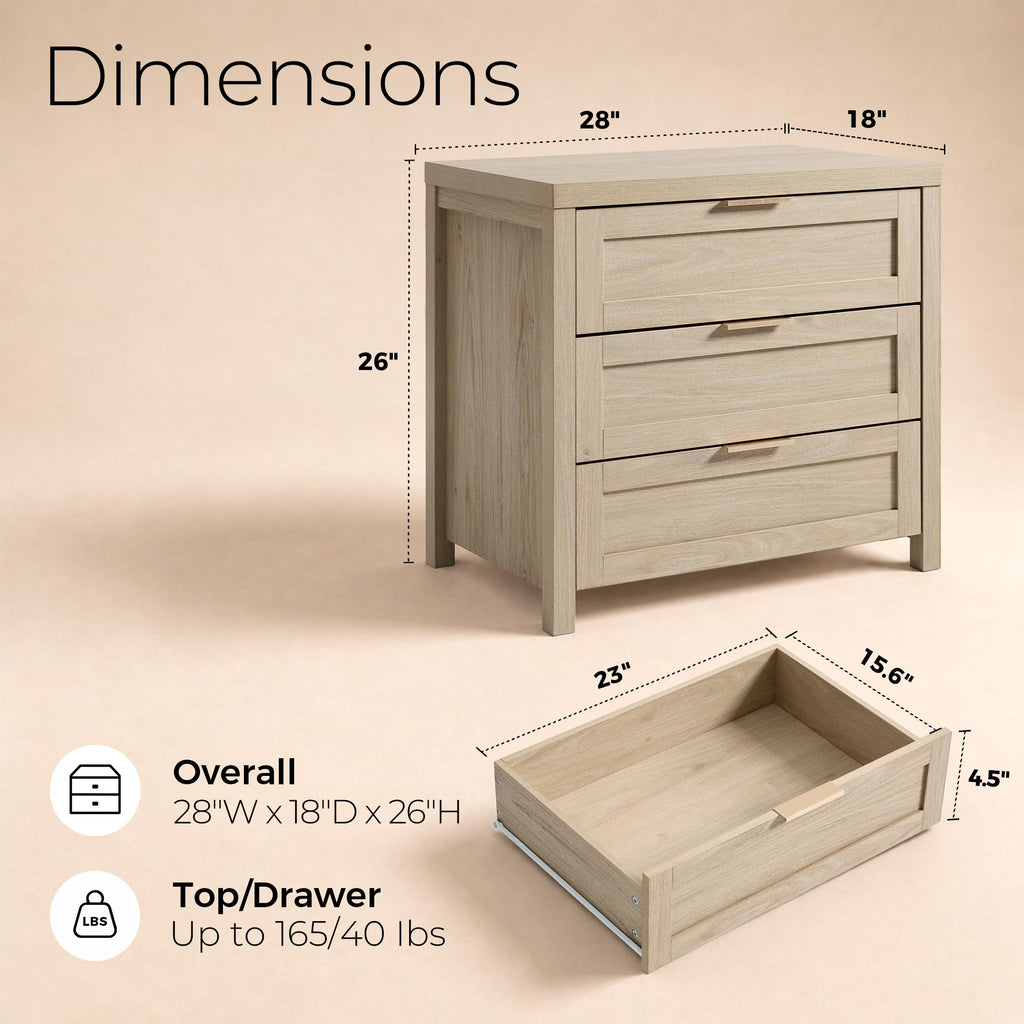 Nightstands Set of 2, 3 Drawer Bedside Table, Light Weathered Oak