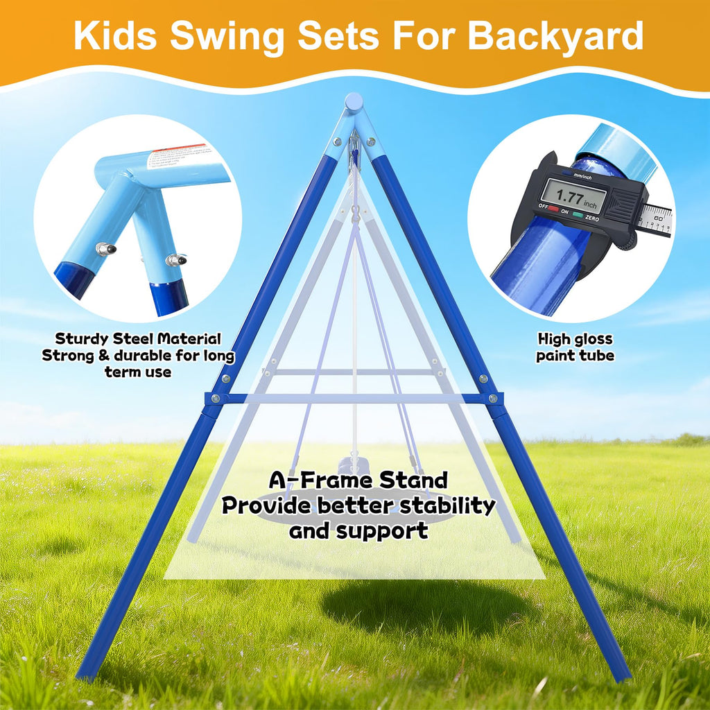 3 in 1 Swing Set for Backyard with Saucer, A-Frame Metal Outdoor Playset