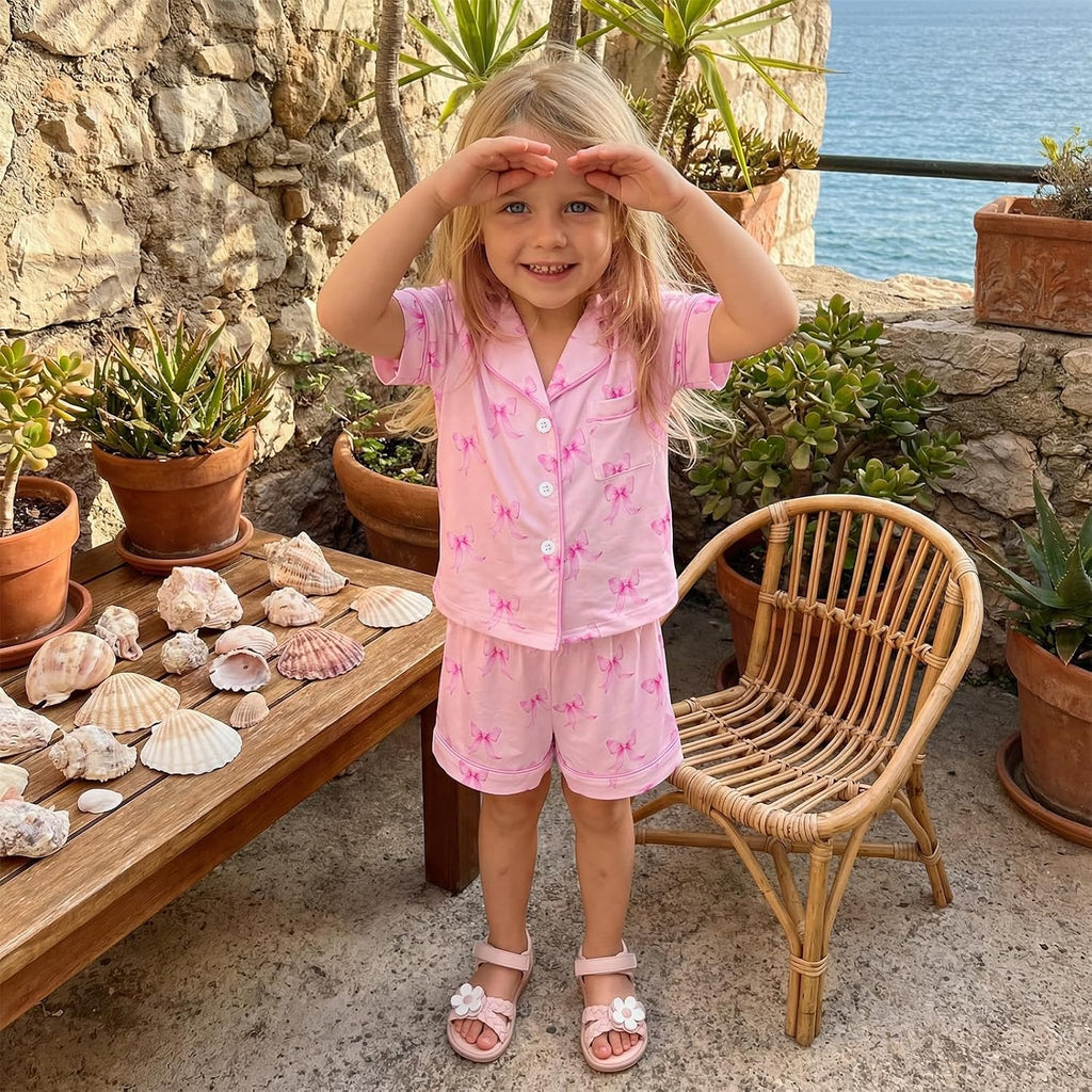 Toddler Baby Girl Pajamas Set Summer Floral Short Sleeve Button Down Shirt Top and Shorts 2pcs Pjs Sets Sleepwear
