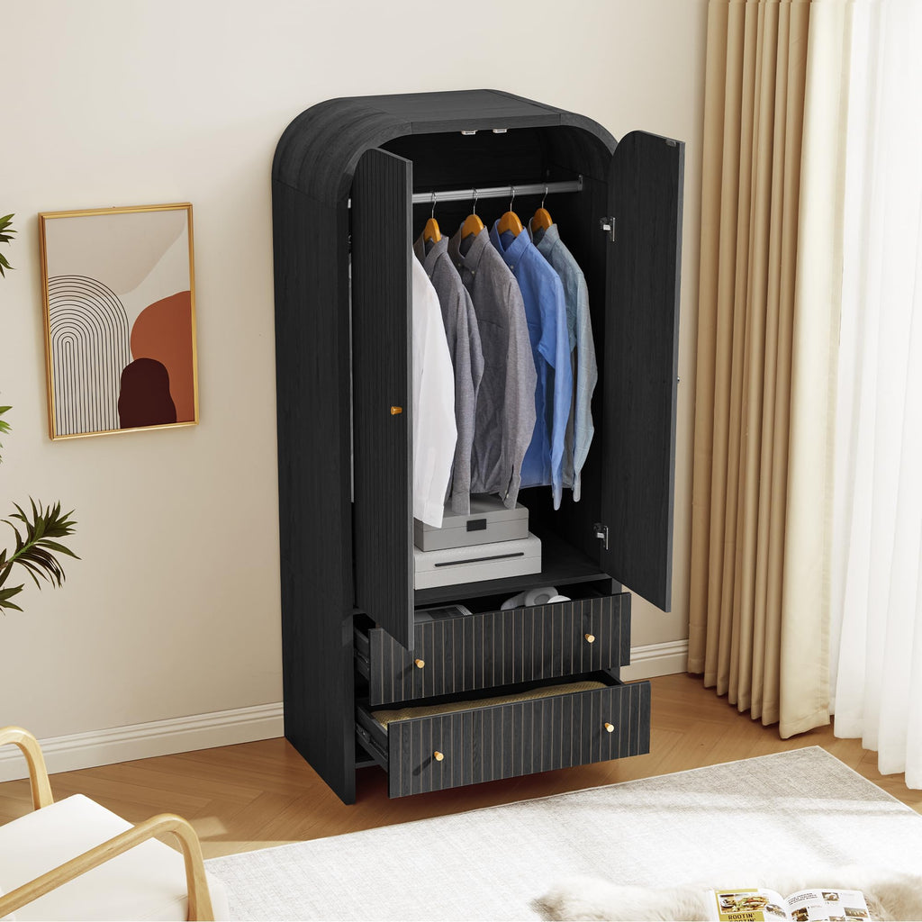 Arched Armoire Wardrobe Closet, Mid-Century Modern 2-Door Freestanding Wardrobe with Hanging Rod and 2 Drawers