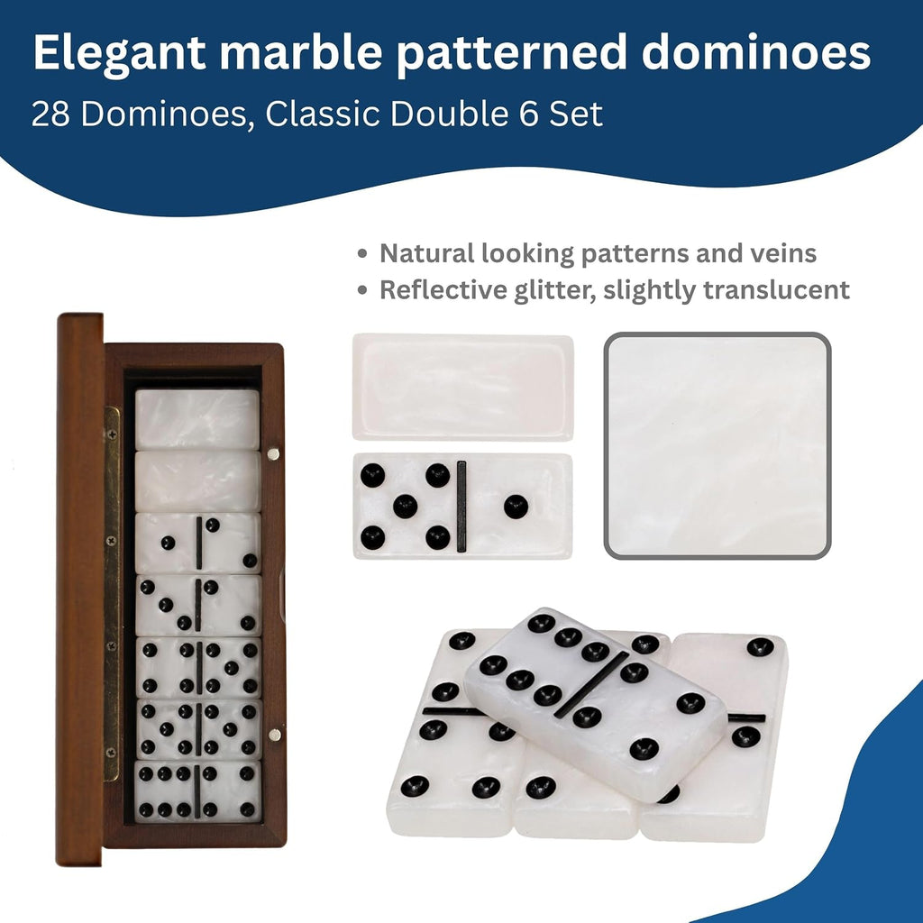 Double 6 Marbleized Dominoes in Magnetic Wooden Travel Box, Dominoes Set for Adults, White Color Double Six Domino