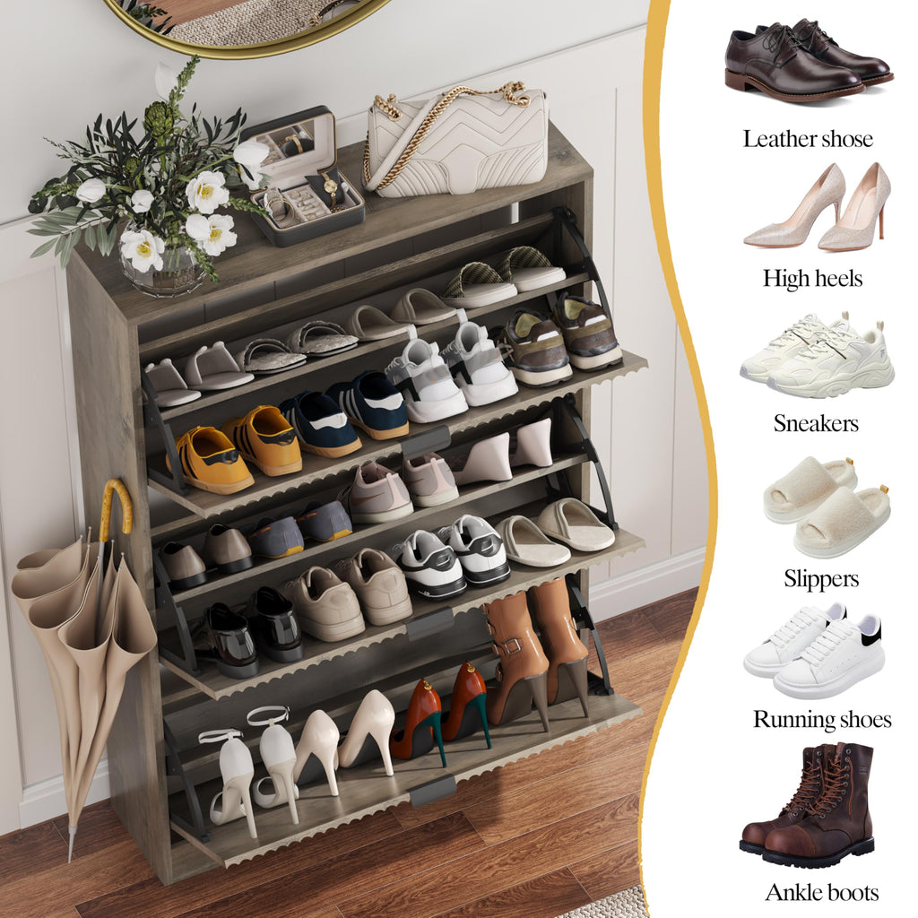 Shoe Cabinet Storage with 3 Flip Drawers, Grey Fluted Shoe Cabinet with Adjustable Shelves, Wooden Hidden Shoe Rack