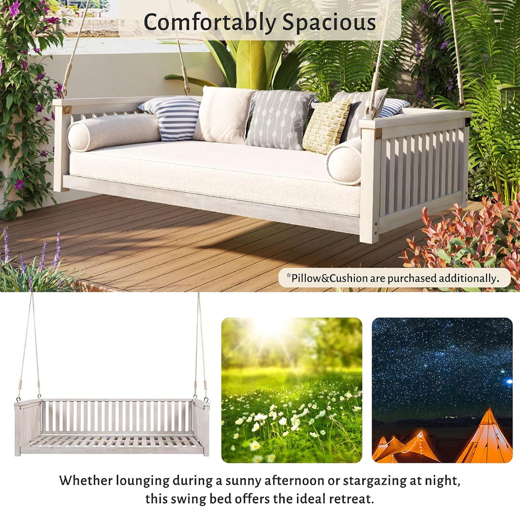 Wooden Porch Daybed Swing Bed for Adults, Outdoor Patio Hanging Swing Bench Chair for Garden, Backyard, Deck