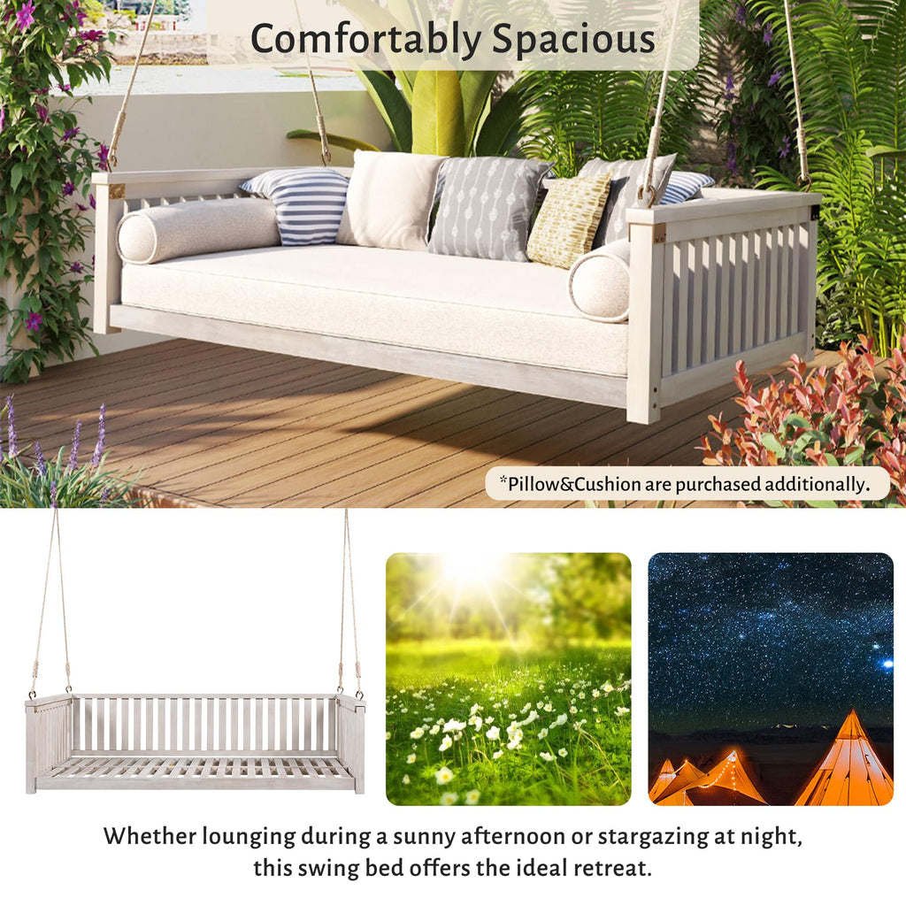 Patio Minimalist Acacia Wood Porch Swing with Hemp Rope, Twin Size Garden Swing Bed 2 Person Seating Group for