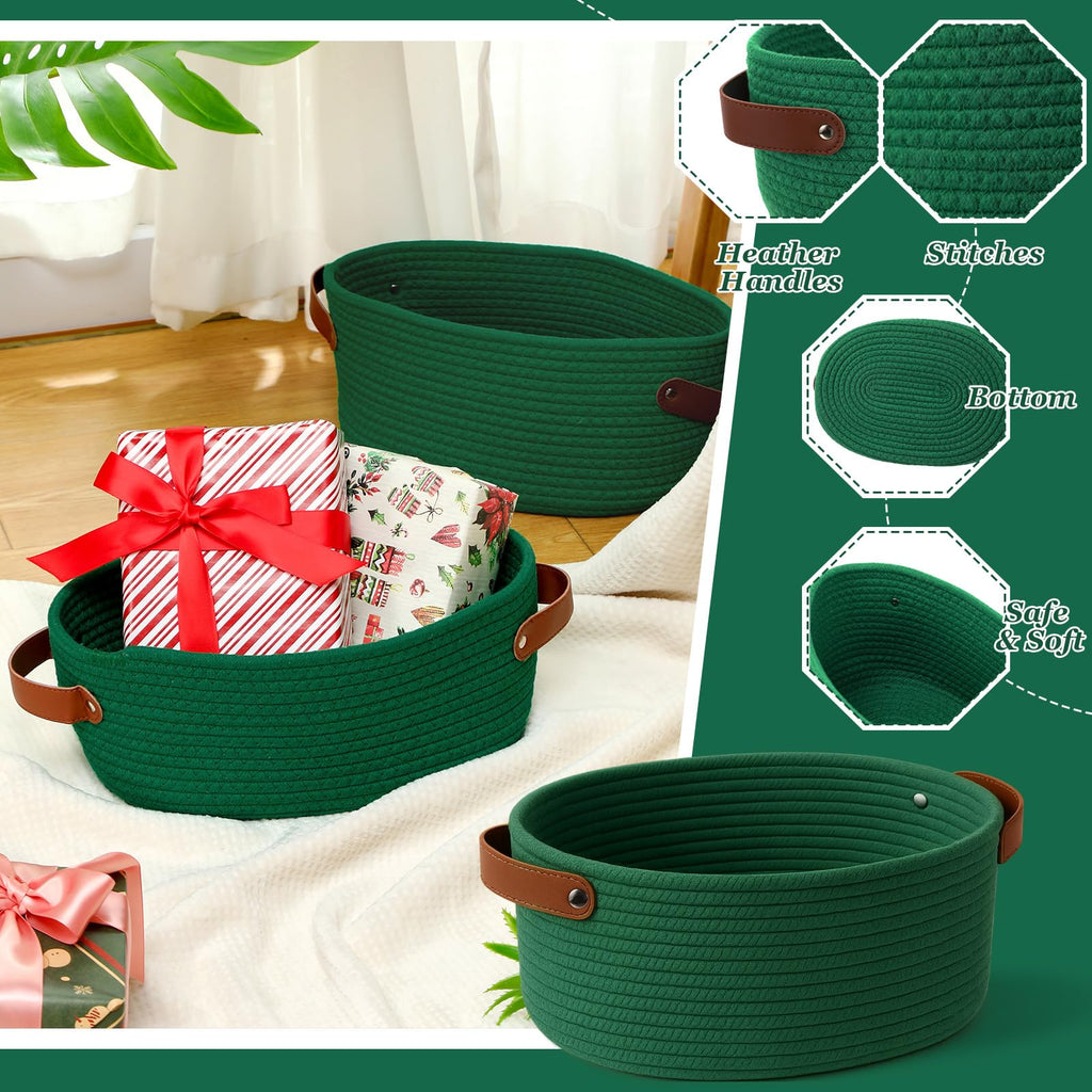2 Pack Woven Christmas Baskets for Gifts Empty with Handle 12 x 8 x 5 Inch Small Holiday Basket with Bags and Ribbons