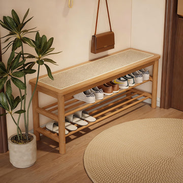 Bamboo Shoe Rack Bench with Rattan Seat, 3-Tier Shoe Storage Bench, Entryway Bench, Nature-39.4 inches