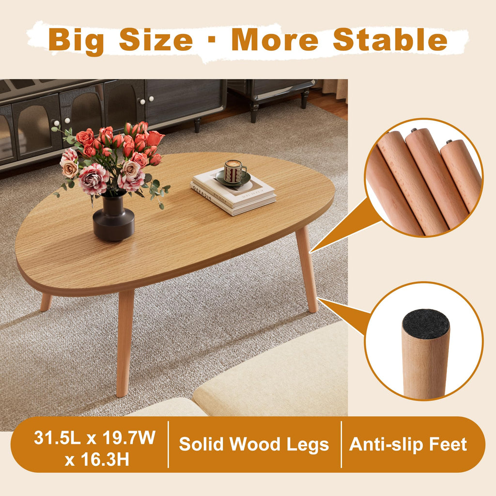Coffee Table, 31.5" Low Coffee Tables with Solid Wood Legs Kidney Natural