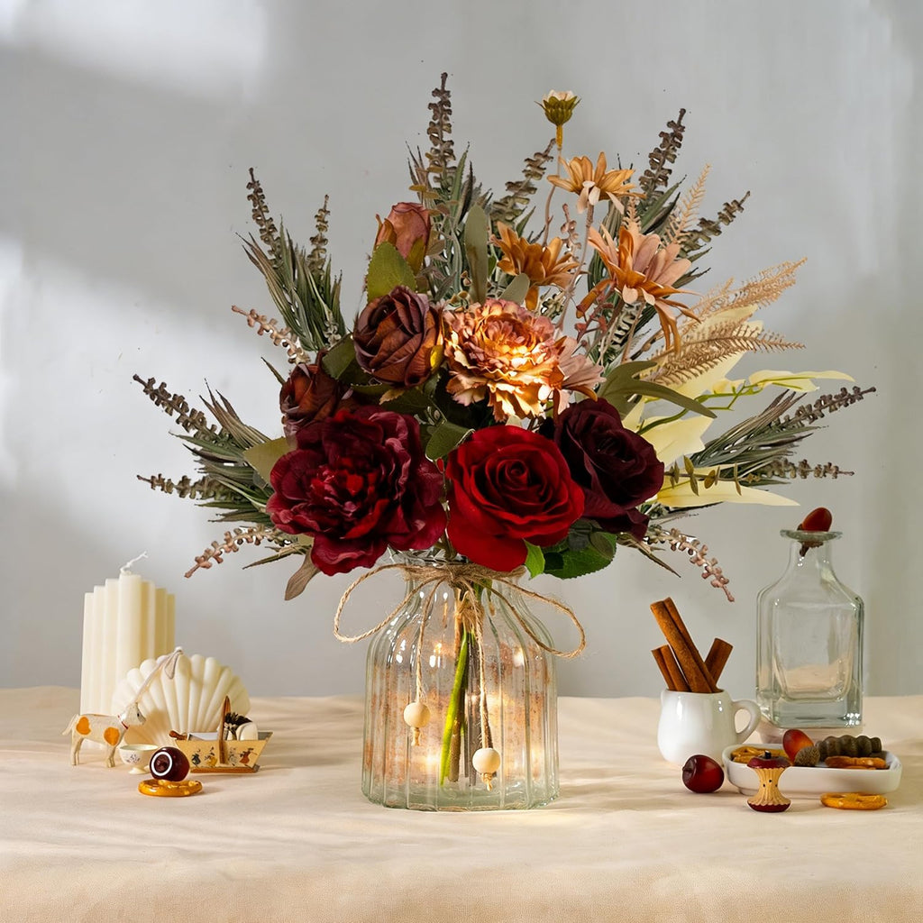 Dahlia Flower Aritificial Flower with Vase Fake Silk Flowers in Glass Vase Faux Rose Flowers Arrangement Table