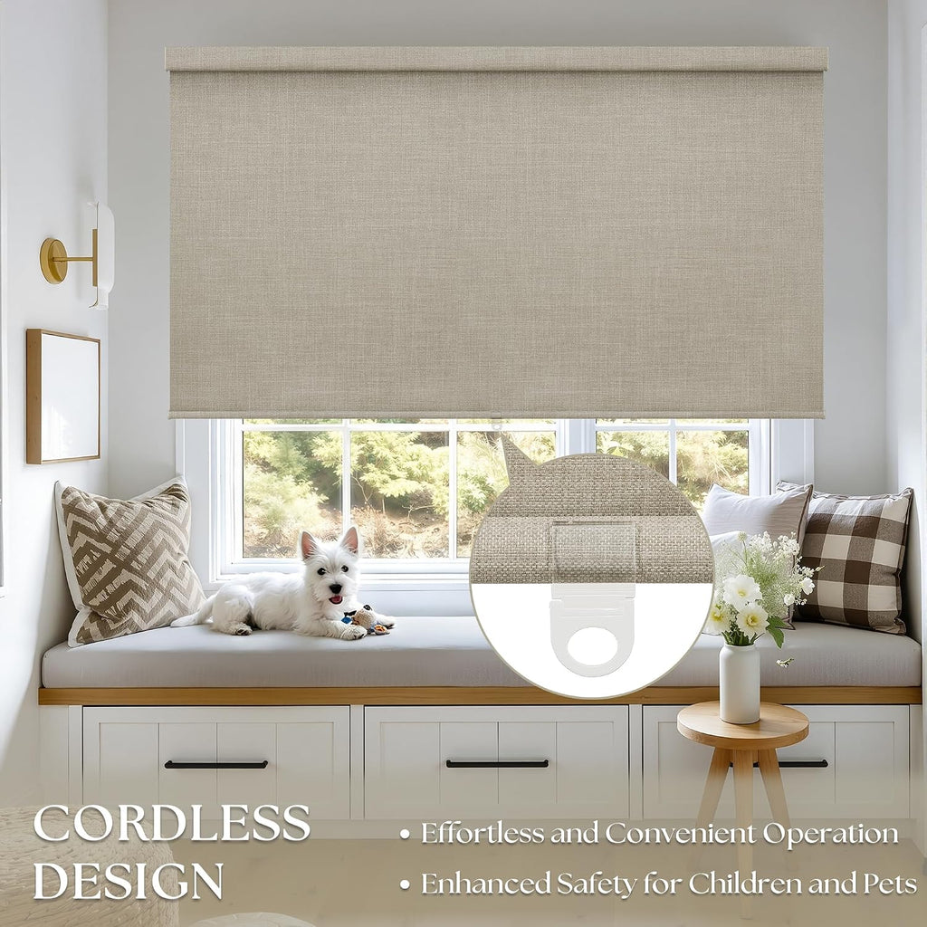 Blackout Roller Shades for Bedroom Window Cordless Free-Stop Blinds with Valance UV Protection 100% Black Out Linen