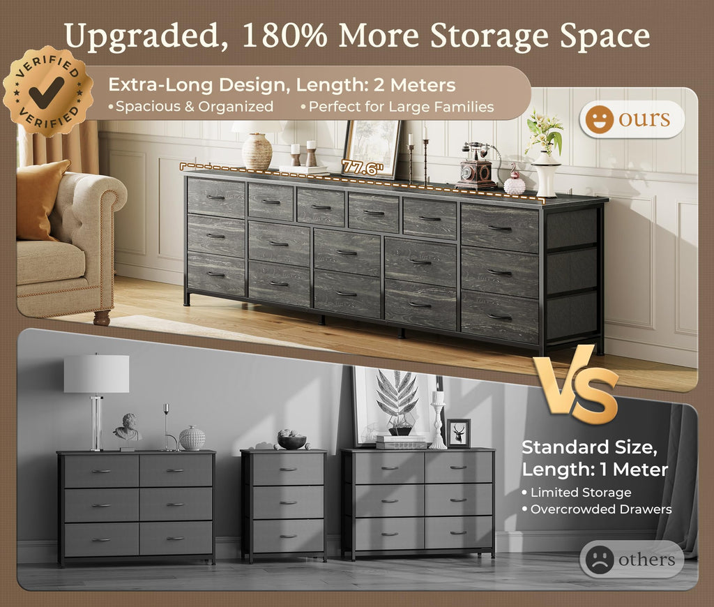 77.6" Long Dresser, 16 Drawer Fabric Dresser for Closet, Wide Chest of Drawers with Storage, TV Stand for 65, 75, 85