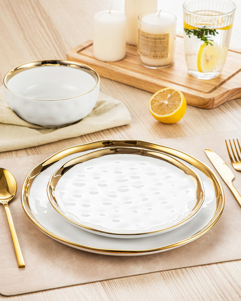 12 Pieces Plates and Bowls Sets, Porcelain White and Gold Dinnerware Sets, Round Dinner Plates Dishes Set Service