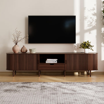 86.6" Fluted TV Stand with Power Outlet for TVs up to 90", TV Console with Adjustable Shelves and Sliding Door, Mid