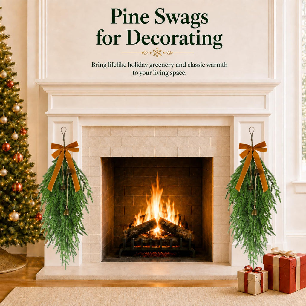 2 Pcs 27" Christmas Teardrop Swag/Artificial Norfolk Pine Teardrop Wreath .Yellow Velvet Bow & 6 Vintage Brass Bells