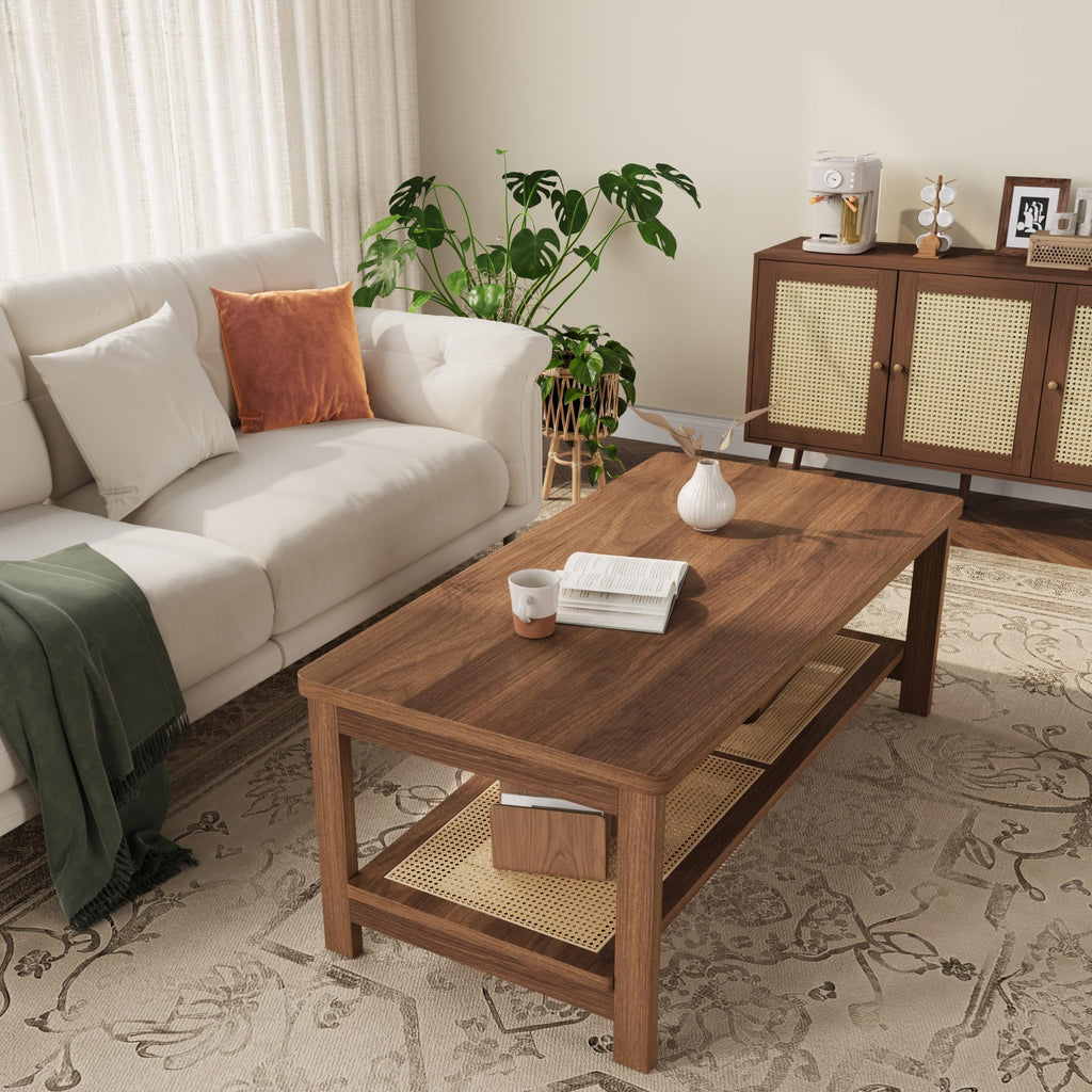 2-Tier Coffee Table with Rattan Storage Shelf, Walnut Brown
