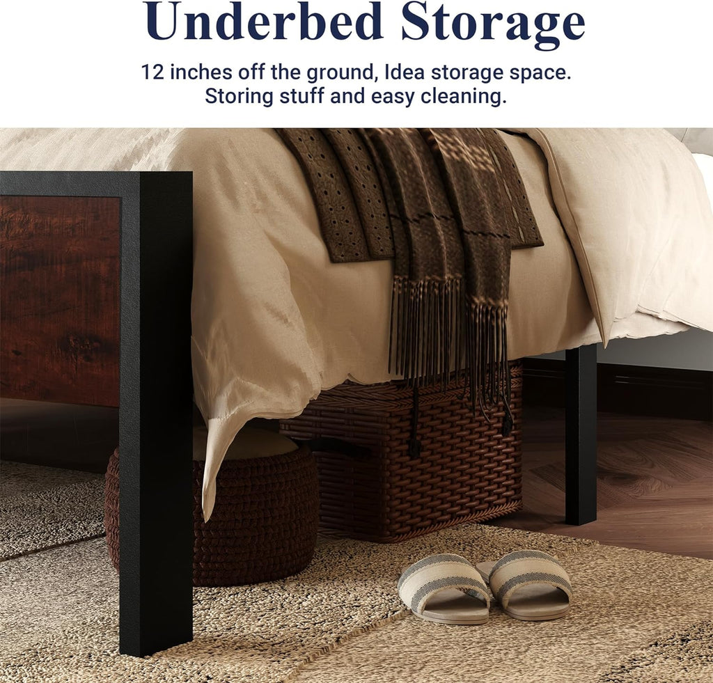 Queen Platform Bed Frame with Wooden Headboard and Footboard, Heavy Duty 12 Metal Slats Support, No Box Spring