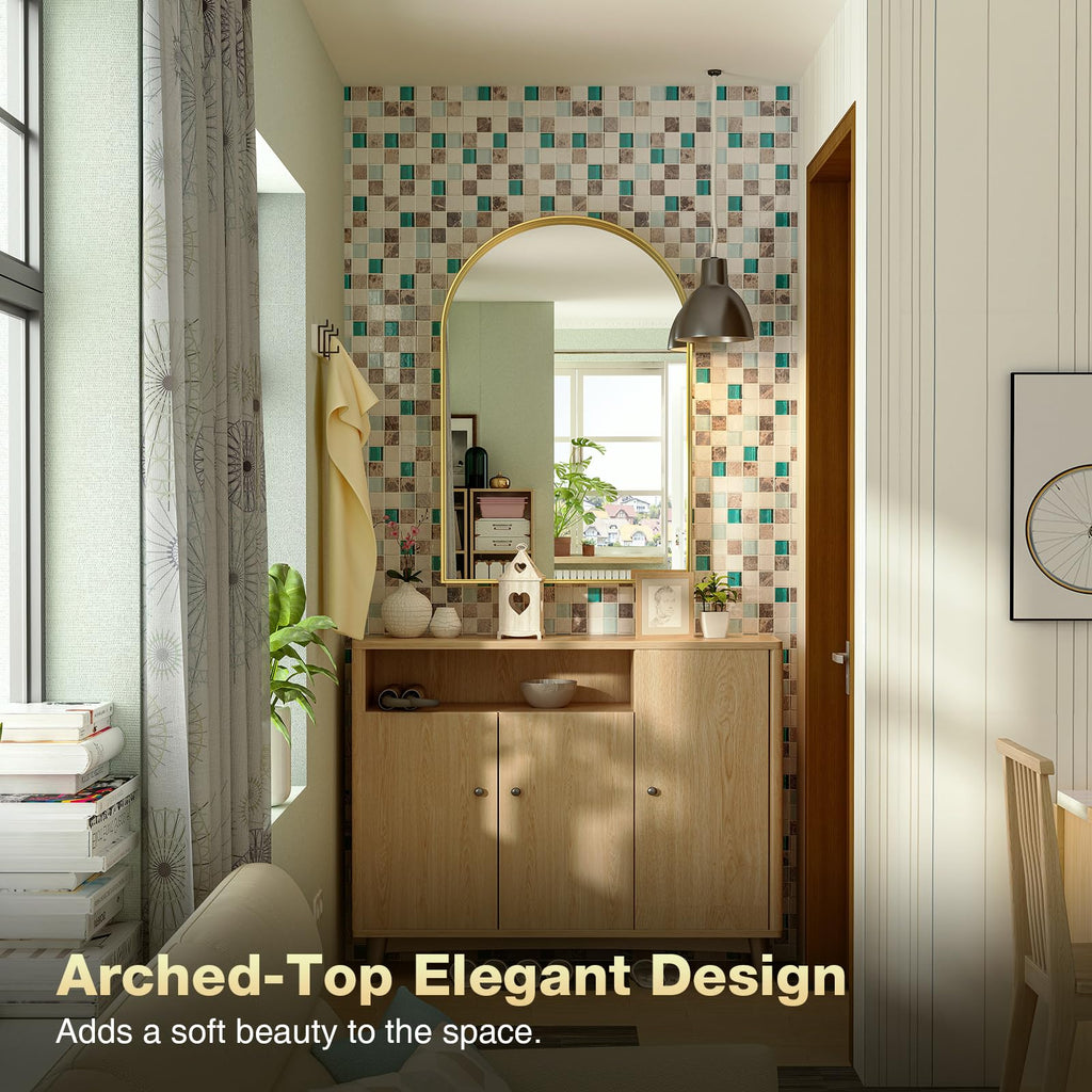 Arched Mirror, Arched Wall Mirror, 20 x 30 Inch Gold Arch Mirror, Metal Frame Gold Bathroom Mirror, Arched Top