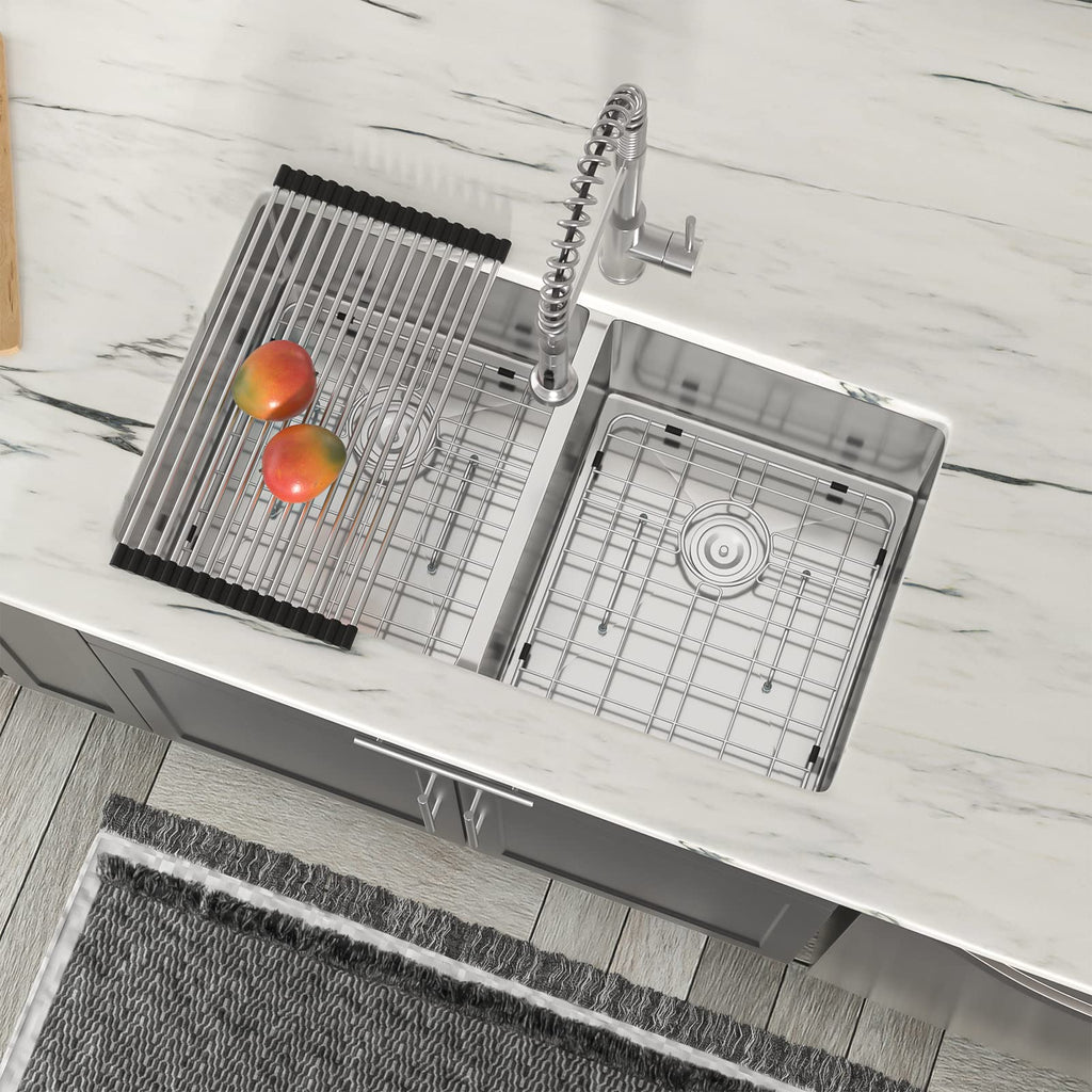 36" Extra Large Double Bowl Kitchen Sink Undermount 50/50 Split 16 Gauge 304 Stainless Steel Double Sinks, Round