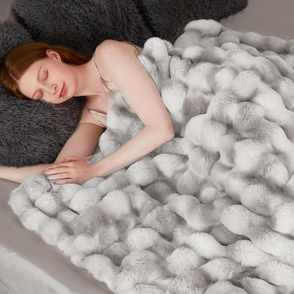 1000GSM Faux Rabbit Fur Throw Blanket, Super Heavy Warm Cozy Grey Blankets for Couch Bed Sofa, Ruched Plush Fuzzy