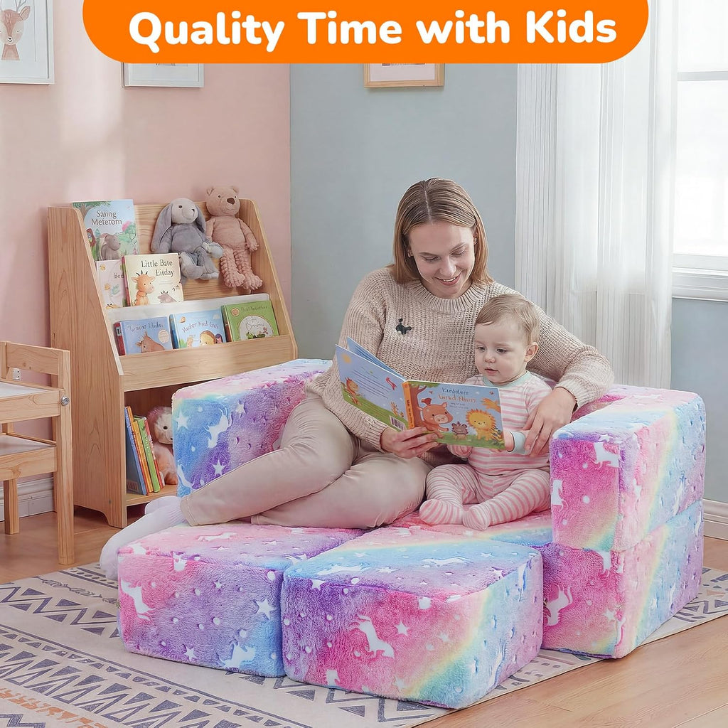 Glow in Dark Rainbow Kids Couch, Modular Fold Out Play Sofa