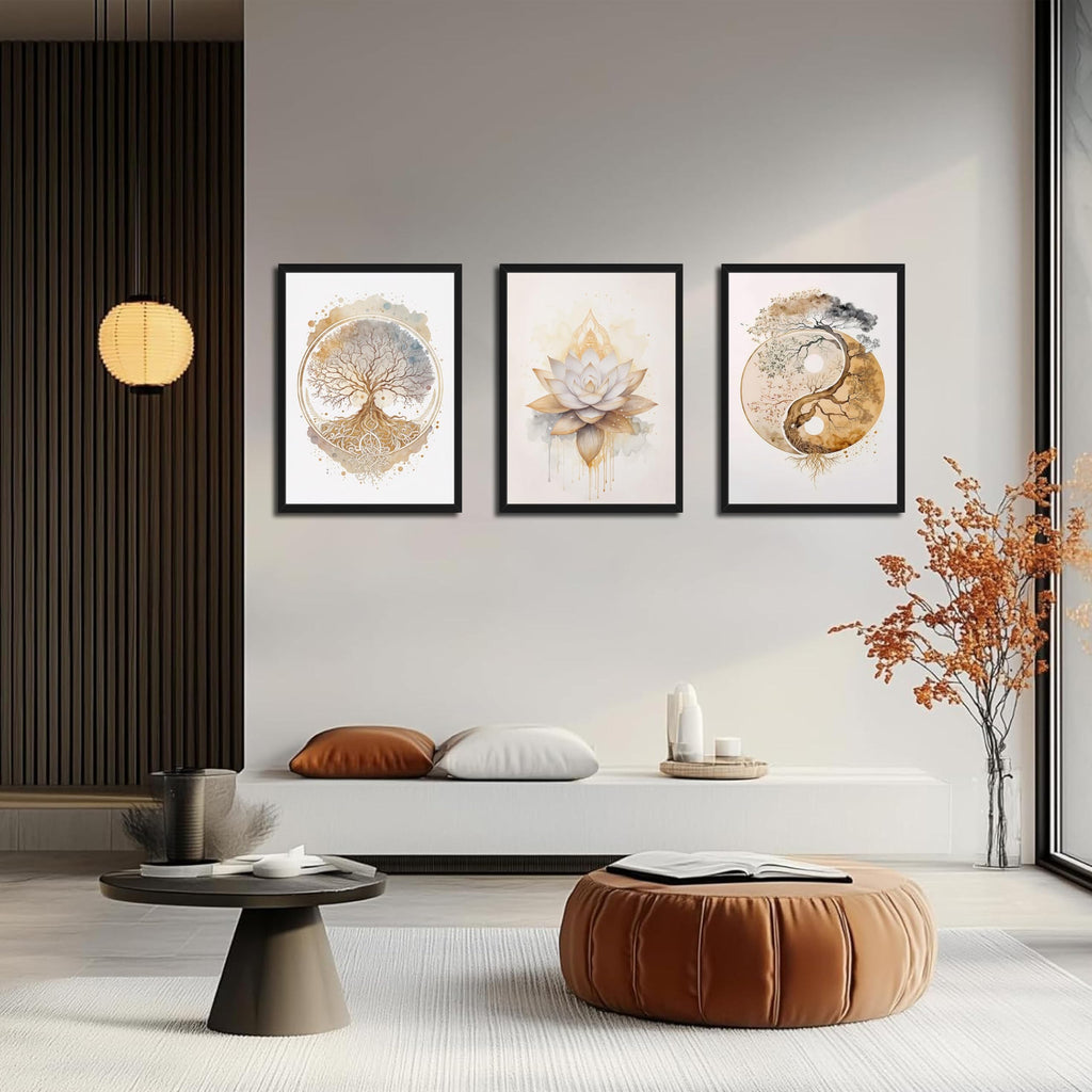 Wood Framed Tree of Life Wall Art Set of 3, Modern Gold Lotus Zen Canvas Wall Decor Paintings, Abstract Yin Yang
