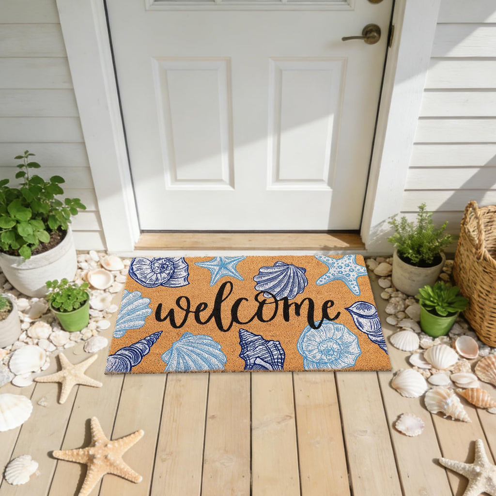 Seashell Beach Doormat Natural Coir Welcome Floor Mat Blue White Coastal Starfish Conch Non-Slip Entrance Door Rug