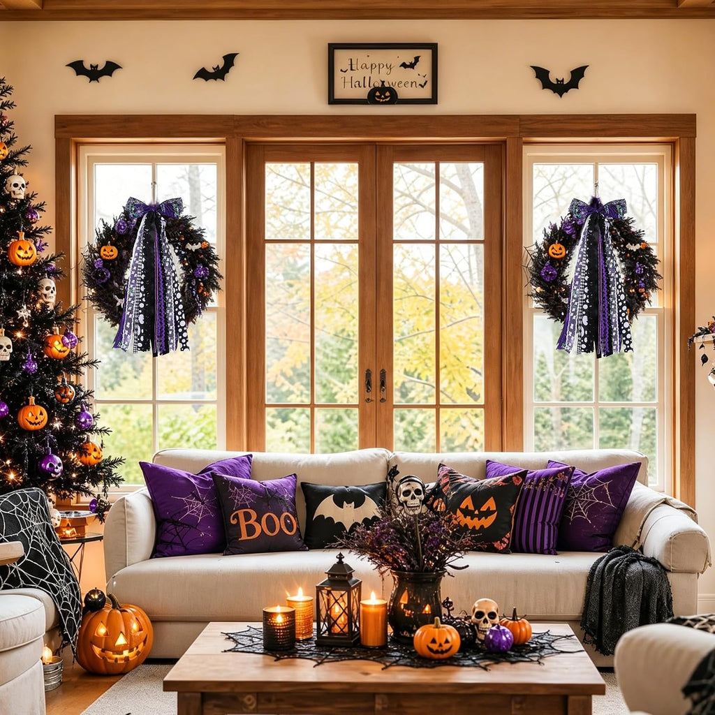 Black Purple Halloween Wreath Bow Wreath Sash for Front Door Decoration