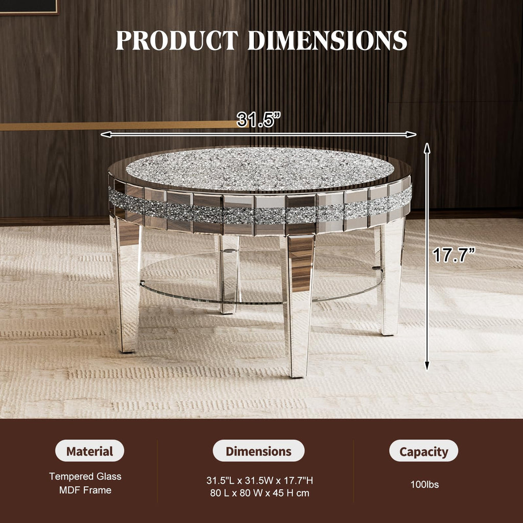 31" Round Mirrored Coffee Table with Storage & Crushed Diamonds