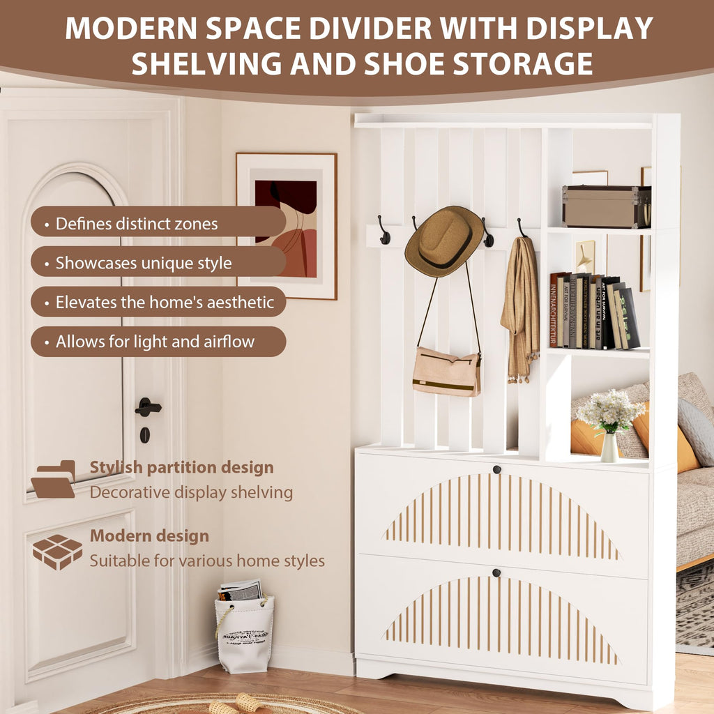 Room Divider with Shelves and Shoe Storage Cabinet, Wall Partition Divider