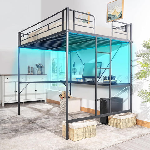 Full Metal Loft Bunk Bed Frame for Kids Teens Adults with Desk Underneath,2 Charging Station,LED Lights,Safety