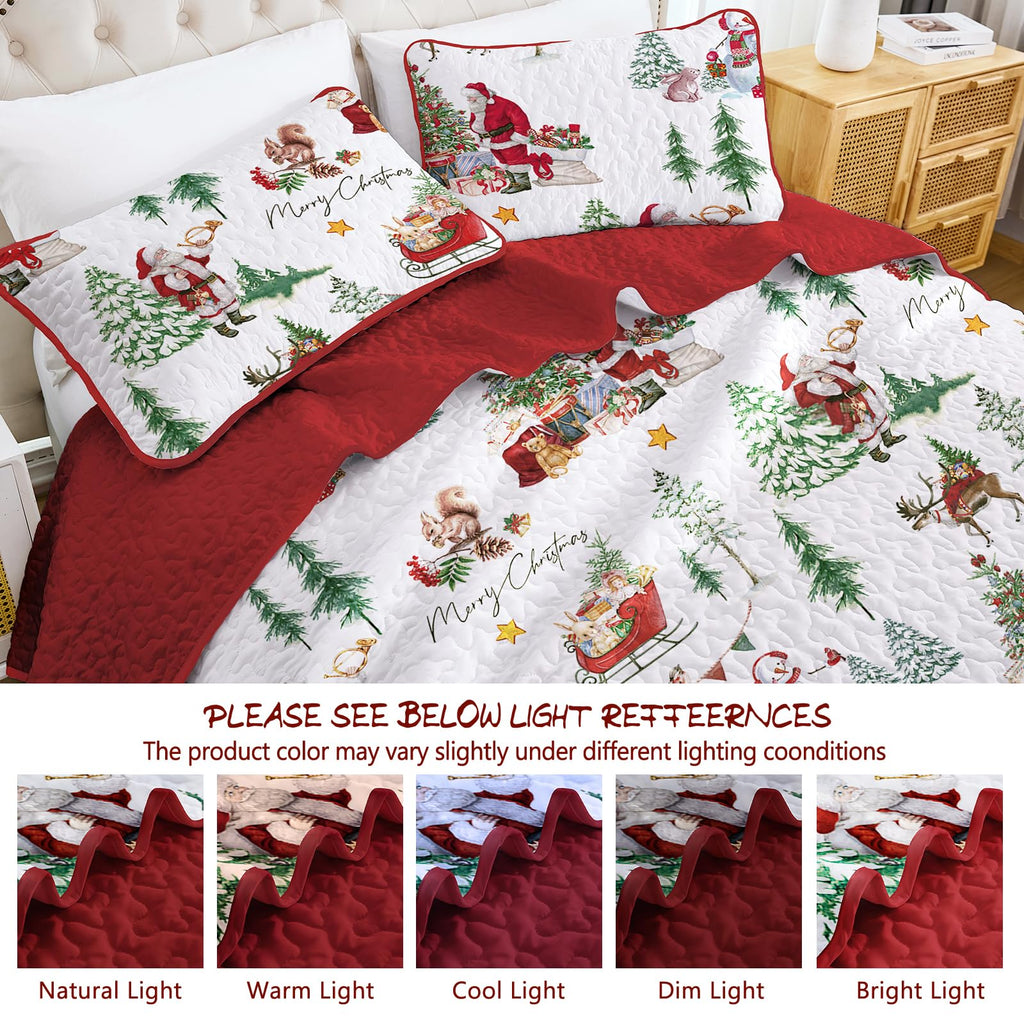 Christmas Quilt Set Queen Size, Santa Sleigh Snowman Holiday Bedding Set