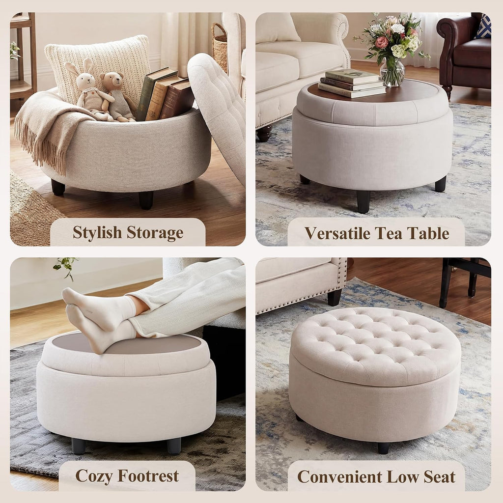 Fabric Round Storage Ottoman with Reversible Tray Lid - Multi-Functional Footrest, Hidden Storage, Sturdy & Stylish
