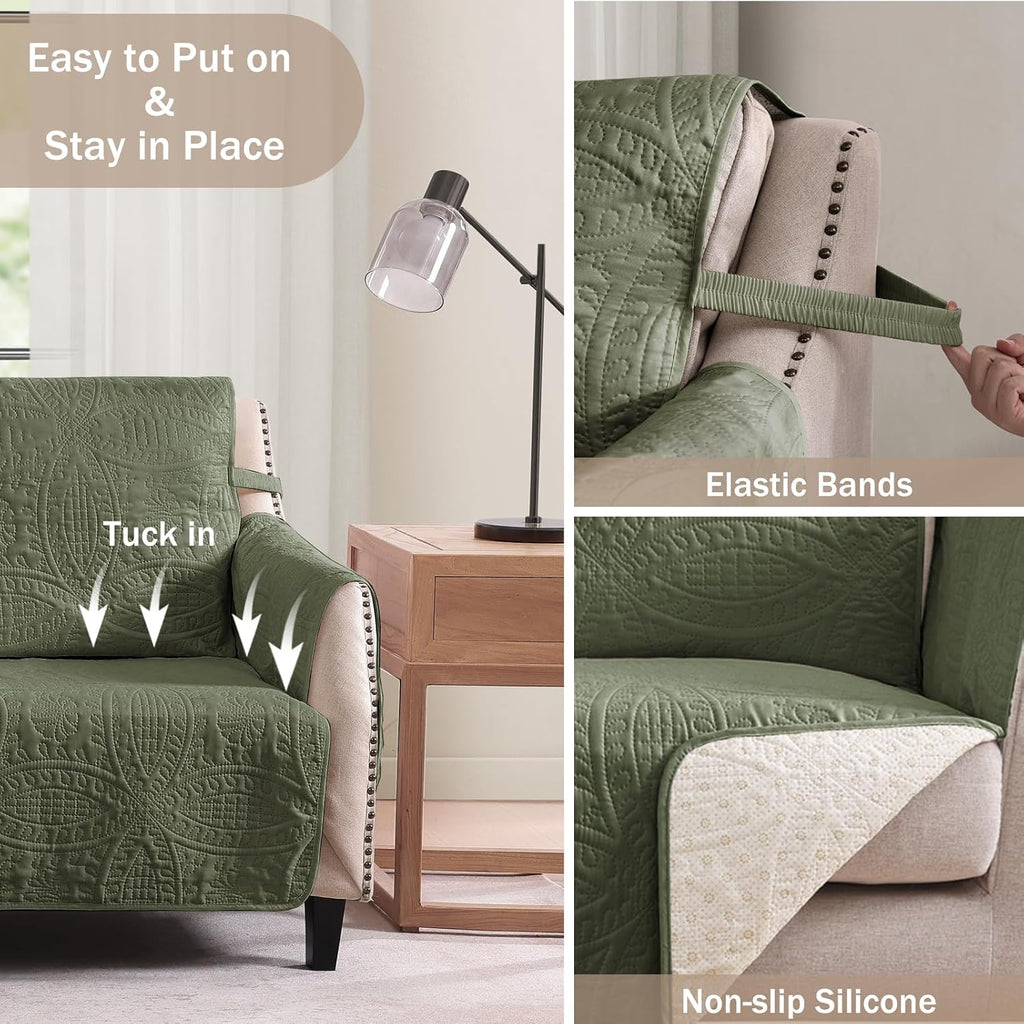 Quilted Olive Green Sofa Slipcovers with Pockets, Anti-Slip Medallion Couch Covers for 3 Cushion Sofa, Couch Cover