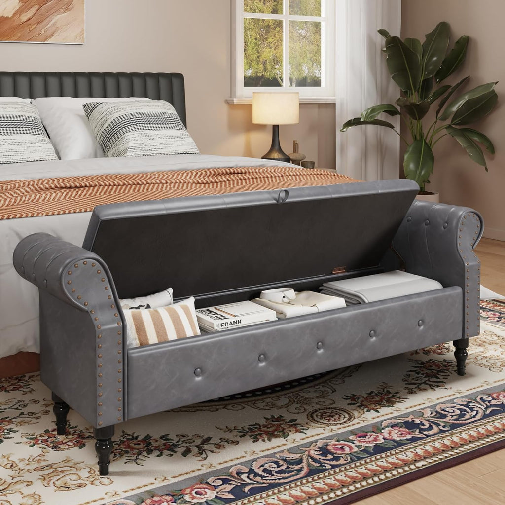 65 Inch End of Bed Storage Bench ,King Size Bed | Large Upholstered Benches for Foot of Bed,Storage Chest with Rolled