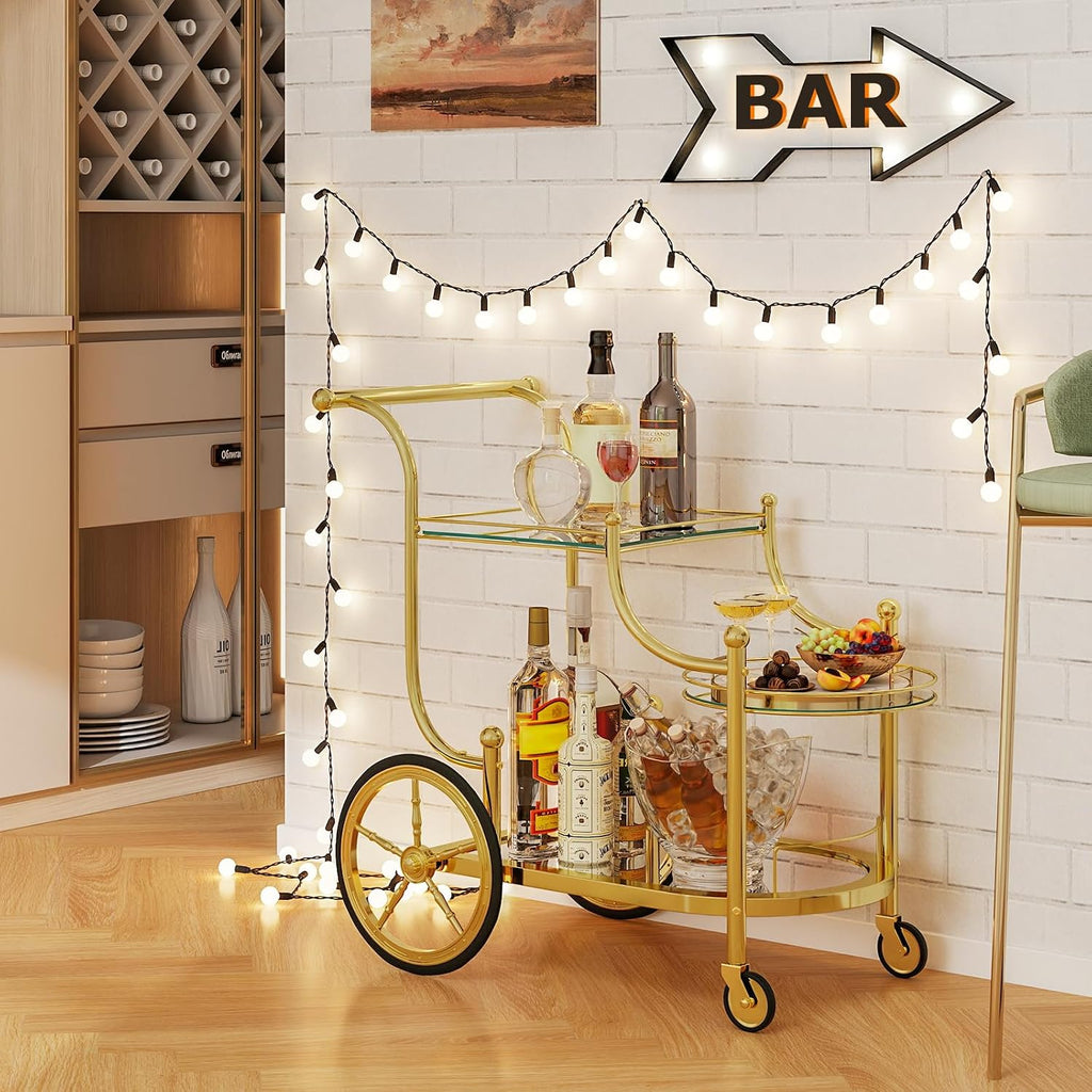 Rolling Bar Cart, Wine Tea Serving Cart with 3-Tier Shelf & 4 Wheels, Tempered Glass Bar and Serving Cart, Metal
