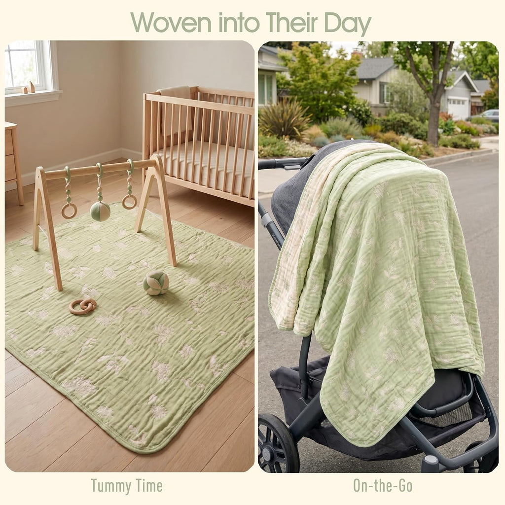 Muslin Baby Blanket, Organic Cotton Blend Jacquard (Matcha Floral)