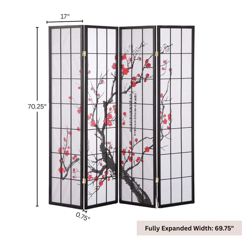 Black Japanese 4-Panel Screen Room Divider, Plum Blossom