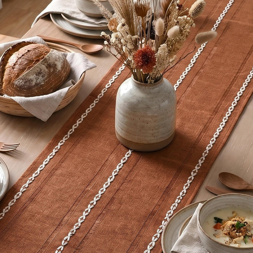 Caramel Rustic Cotton Linen Table Runner 13x108 Inch