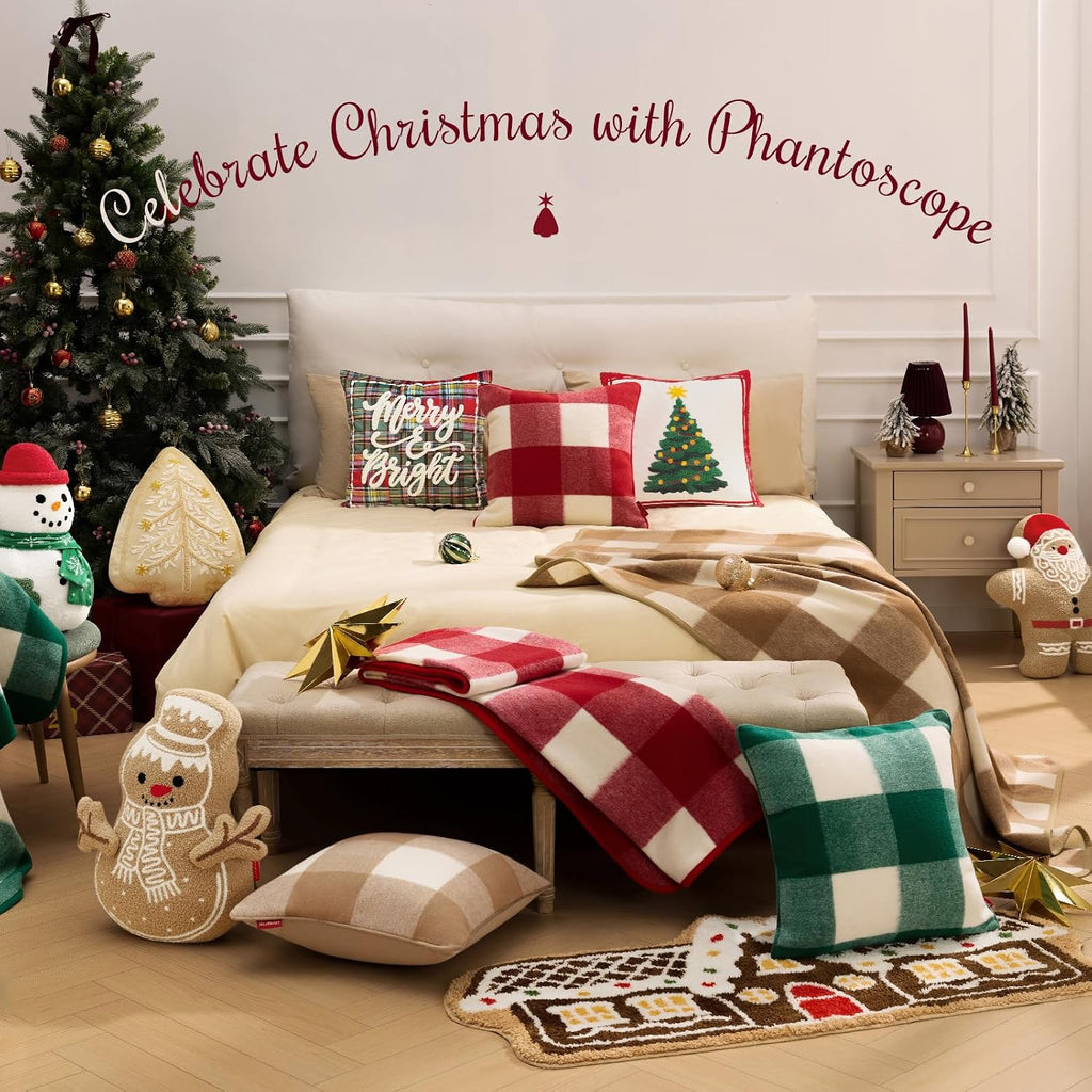 Christmas Throw Blanket, Premium Faux Wool Buffalo Check Blanket with Locking Edge Warp-Knitted Christmas Plaid