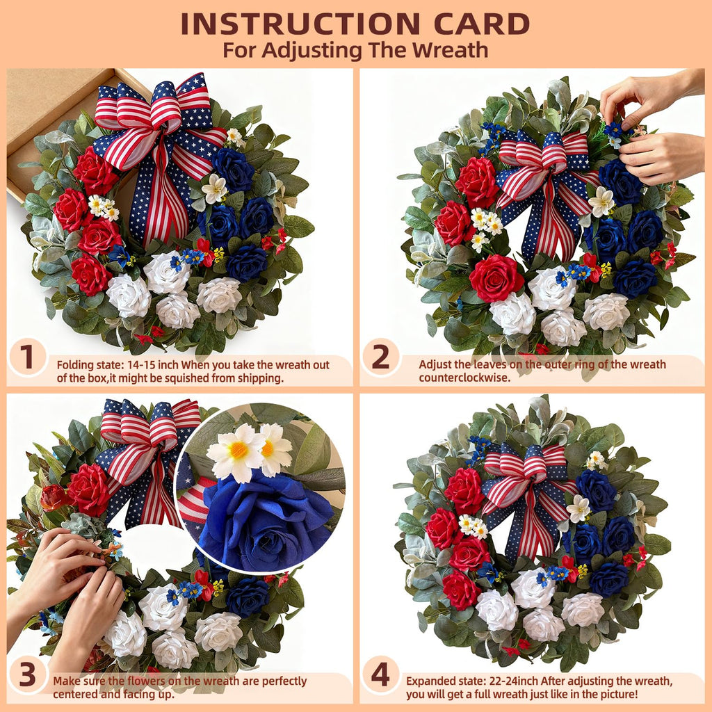24 Inch Patriotic Wreath, Rose 4th of July Wreaths for Front Door