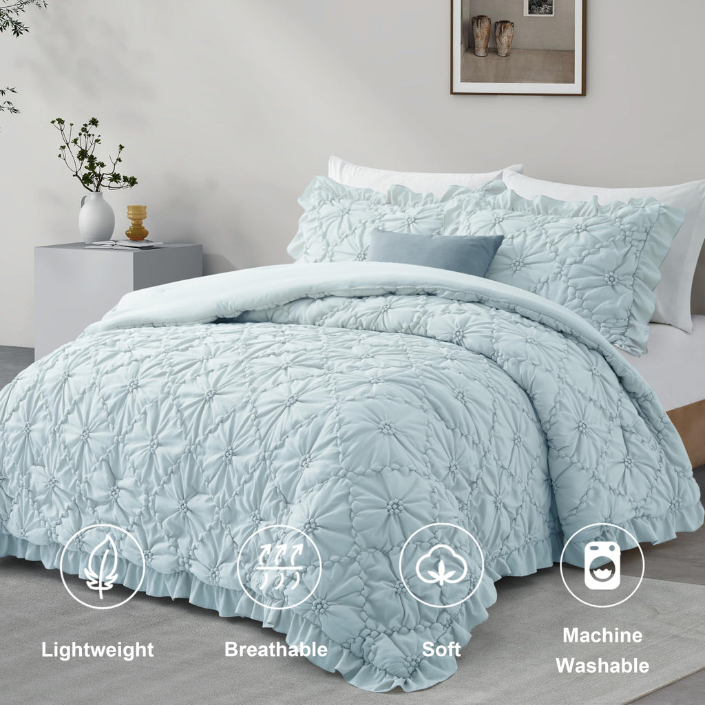 Comforter Set, Cornflower Blue Pinch Pleat Ruffle, 3 Pieces