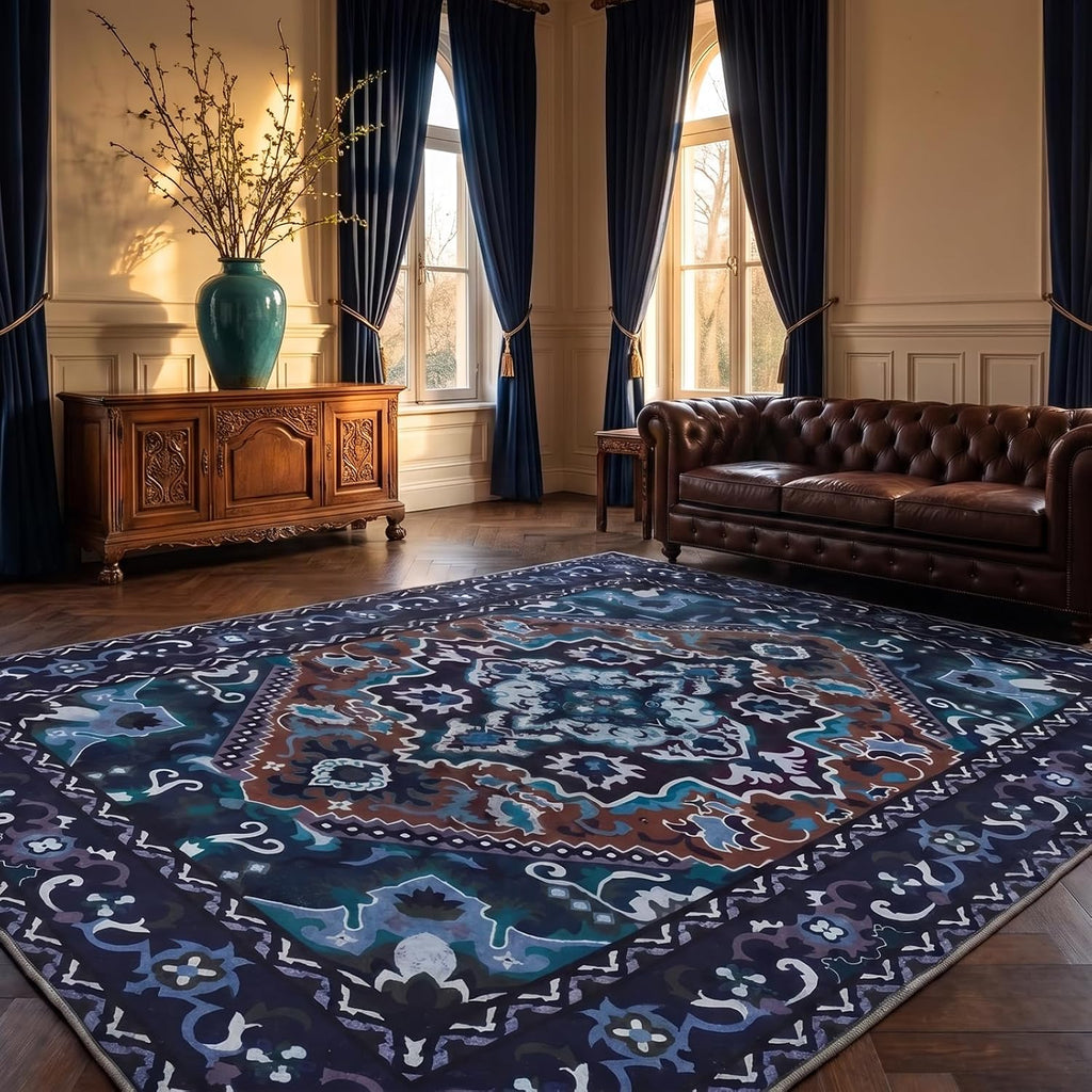 Navy Blue Traditional Medallion Washable Area Rug, Non-Slip