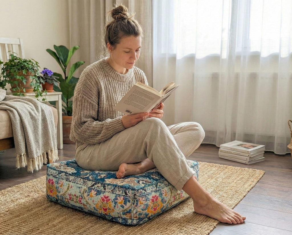 Blue Square Floor Pillow Cover Large Yoga Décor Cushion Moroccan Pouf Ottoman Boho Furniture