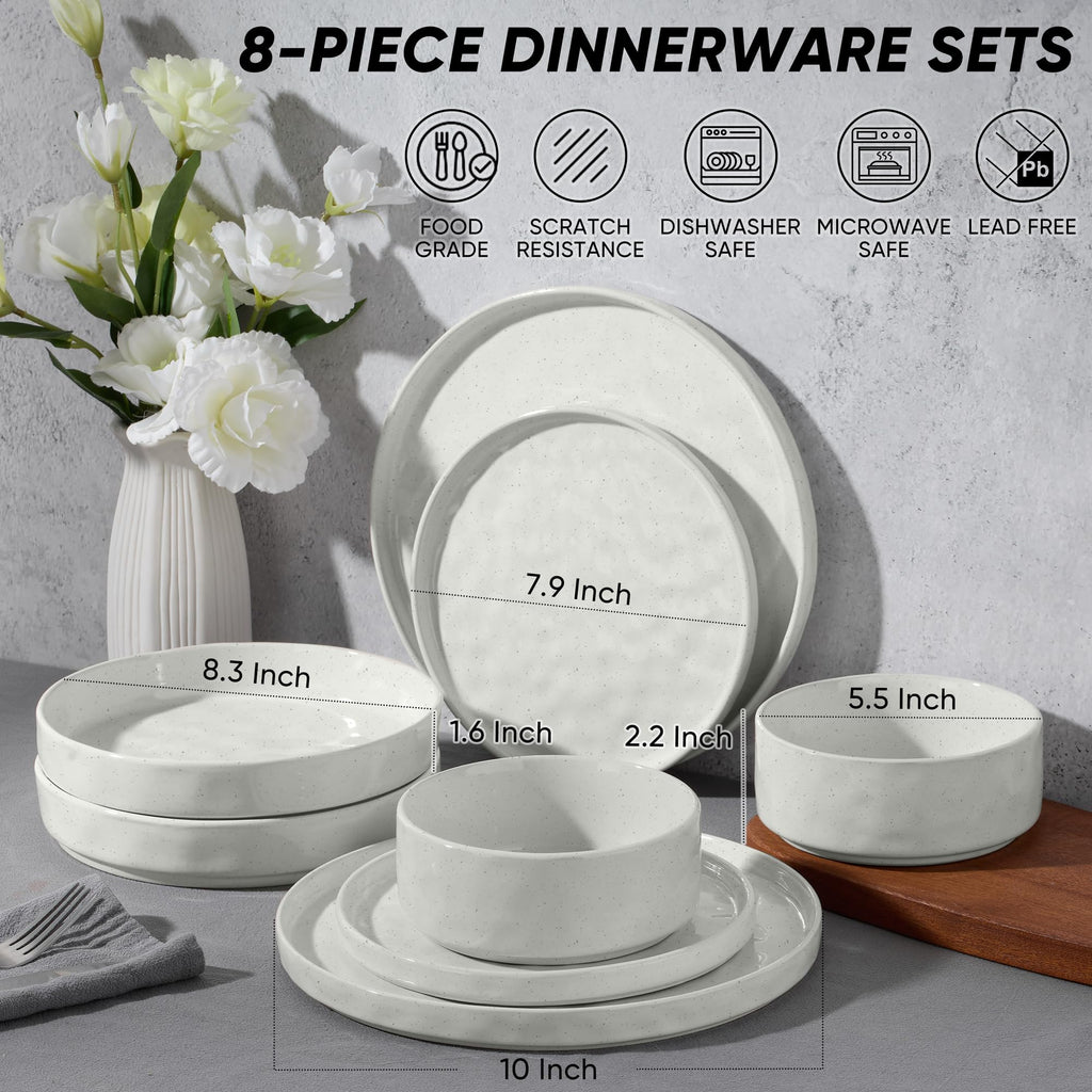 Stoneware Dinnerware Set, 8-Piece White Plates and Bowls Sets for 2