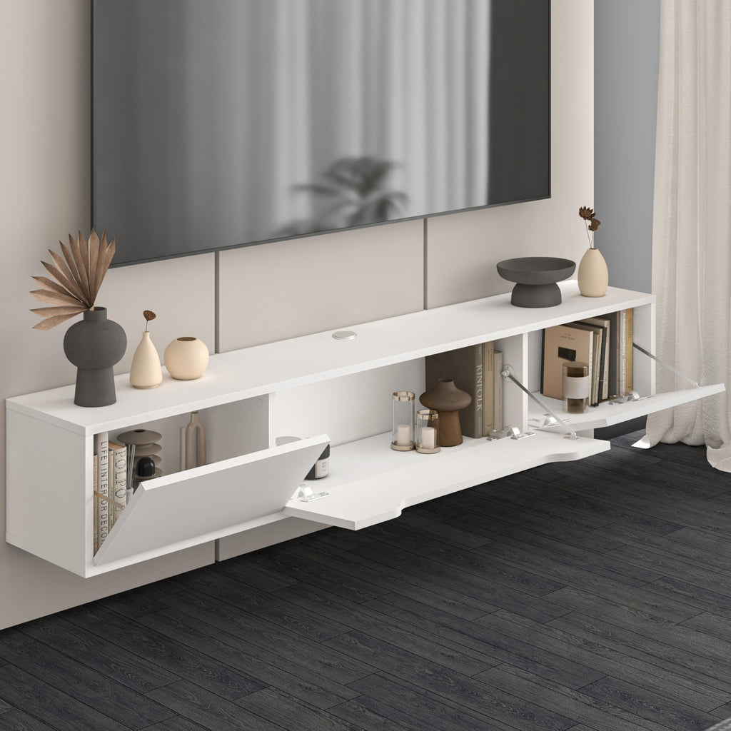 Floating TV Stand for Up to 80 Inch TVs - Wall Mounted Media Console with Handle-Free Doors - Modern Entertainment